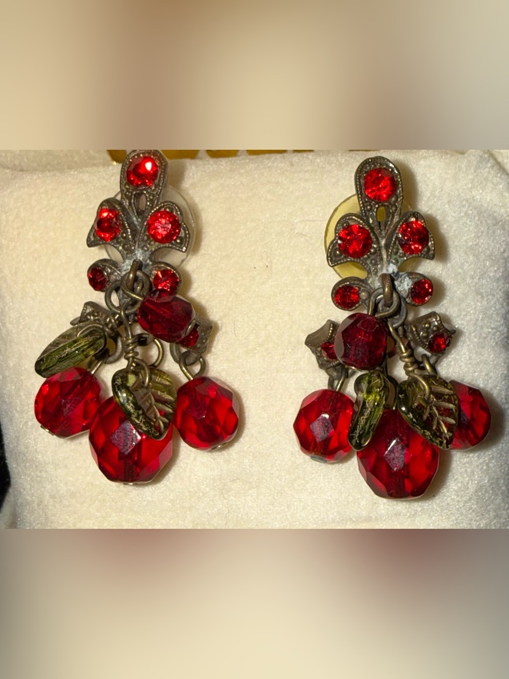 Vintage Cherries Red Green Dangle Earrings